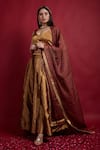 Shop_Vinusto_Gold Chanderi, Handloom Cotton Fringe, Zari V-neck Lehenga Set With Dupatta _Online_at_Aza_Fashions