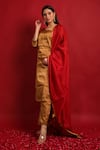 Vinusto_Gold Silk, Chanderi Zari, Tassels V-neck Kurta Set With Red Dupatta _Online_at_Aza_Fashions