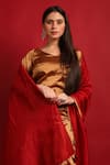 Shop_Vinusto_Gold Silk, Chanderi Zari, Tassels V-neck Kurta Set With Red Dupatta _Online_at_Aza_Fashions