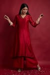 Buy_Vinusto_Red Chanderi, Cotton Lace V-neck Handwoven Kurta And Palazzo Set_at_Aza_Fashions
