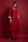 Shop_Vinusto_Red Chanderi, Cotton Lace V-neck Handwoven Kurta And Palazzo Set_Online_at_Aza_Fashions