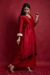 Vinusto_Red Chanderi, Cotton Lace V-neck Handwoven Kurta And Palazzo Set_at_Aza_Fashions
