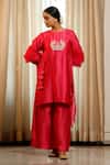 Eeda_Pink Silk, Shantoon Embroidery Round Neck Chiniya Kurta Pant Set _at_Aza_Fashions
