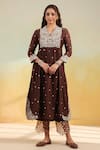 Label Niti Bothra_Brown Silk Embroidery V-neck, Collared Dori And Resham Frock Style Kurta Set _Online_at_Aza_Fashions