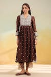Buy_Label Niti Bothra_Brown Silk Embroidery V-neck, Collared Dori And Resham Frock Style Kurta Set _Online_at_Aza_Fashions