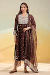 Shop_Label Niti Bothra_Brown Silk Embroidery V-neck, Collared Dori And Resham Frock Style Kurta Set _Online_at_Aza_Fashions