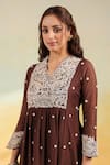 Label Niti Bothra_Brown Silk Embroidery V-neck, Collared Dori And Resham Frock Style Kurta Set _at_Aza_Fashions