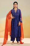 Buy_Label Niti Bothra_Blue Silk Embroidery, Zari Split V-neck Electric Zardozi Kurta Set _at_Aza_Fashions