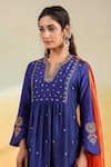 Label Niti Bothra_Blue Silk Embroidery, Zari Split V-neck Electric Zardozi Kurta Set _at_Aza_Fashions
