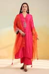 Buy_Label Niti Bothra_Pink Silk, Organza Embroidery, Gota Patti, Tassels V-neck Paisley Kurta Set _at_Aza_Fashions