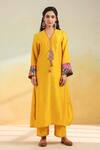 Buy_Label Niti Bothra_Yellow Silk Gota Patti, Embroidery, Sequins Split V-neck Paisley Kurta Set _Online_at_Aza_Fashions