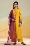 Buy_Label Niti Bothra_Yellow Silk Gota Patti, Embroidery, Sequins Split V-neck Paisley Kurta Set _at_Aza_Fashions