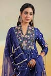Label Niti Bothra_Blue Silk Applique, Embroidery, Tassels V-neck, Electric Floral Kurta Set _Online_at_Aza_Fashions
