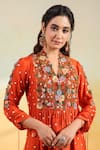 Buy_Label Niti Bothra_Orange Silk, Organza Fabric Flowers V-neck Floral Applique Kurta Set _Online_at_Aza_Fashions