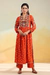 Shop_Label Niti Bothra_Orange Silk, Organza Fabric Flowers V-neck Floral Applique Kurta Set _Online_at_Aza_Fashions
