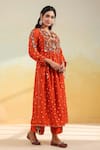 Label Niti Bothra_Orange Silk, Organza Fabric Flowers V-neck Floral Applique Kurta Set _at_Aza_Fashions