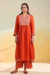 Label Niti Bothra_Orange Silk, Organza Embroidery V-neck Kairi Buta Jaal Frockstyle Set _Online_at_Aza_Fashions