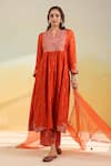 Shop_Label Niti Bothra_Orange Silk, Organza Embroidery V-neck Kairi Buta Jaal Frockstyle Set _Online_at_Aza_Fashions
