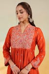 Label Niti Bothra_Orange Silk, Organza Embroidery V-neck Kairi Buta Jaal Frockstyle Set _at_Aza_Fashions