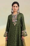 Shop_Label Niti Bothra_Olive Green Silk, Organza Applique, Embroidery Round Neck Floral Kurta Set _Online_at_Aza_Fashions