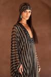 Buy_Itrh_Black Net Stones, Crystals Plunge Neck And Gold Striped Kaftan Set _Online_at_Aza_Fashions
