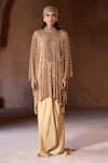 Itrh_Gold Net, Satin Stones High Neck Crystal Embellished Tunic And Skirt Set _Online_at_Aza_Fashions