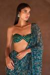Itrh_Green Net Stones, Embroidery Sweetheart Neck Figurine Print Draped Saree Set _Online_at_Aza_Fashions