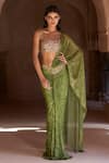 Buy_Itrh_Green Net Stones Sweetheart Neck Forest Pre-draped Saree Set _at_Aza_Fashions