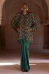 Buy_Itrh_Green Net, Satin Crystals Open Neck Embellished Tunic And Draped Skirt Set _at_Aza_Fashions