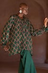 Itrh_Green Net, Satin Crystals Open Neck Embellished Tunic And Draped Skirt Set _Online_at_Aza_Fashions