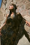 Buy_Itrh_Multi Color Net Crystals Asymmetric Floral One-shoulder Kaftan Dress And Headgear _Online_at_Aza_Fashions