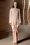 Buy_Itrh_Peach Net, Satin Crystals Round Neck Embellished Tunic And Draped Skirt Set _at_Aza_Fashions