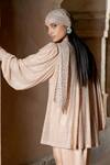 Shop_Itrh_Peach Net, Satin Crystals Round Neck Embellished Tunic And Draped Skirt Set _at_Aza_Fashions