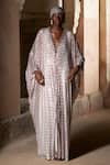 Buy_Itrh_Pink Net, Viscose, Crepe Crystals V-neck Embellished Kaftan With Headgear _at_Aza_Fashions