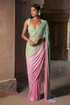 Buy_Itrh_Pink Net Crystals, Stones Sweetheart Neck Ombre Crystal-embellished Saree Set _at_Aza_Fashions