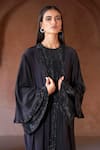 Itrh_Black Net, Georgette Crystals Round Neck Zafirah Embellished Abaya Set _Online_at_Aza_Fashions