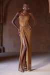 Shop_Itrh_Gold Net Crystals Off-shoulder Embellished Gown _at_Aza_Fashions
