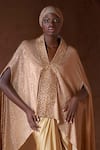 Buy_Itrh_Gold Net, Satin V-neck Ombre Draped Tunic Skirt Set _Online_at_Aza_Fashions