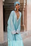 Buy_Itrh_Blue Net, Satin Stones V-neck Ice Striped Tunic And Skirt Set _Online_at_Aza_Fashions