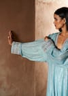 Itrh_Blue Net, Satin Stones V-neck Ice Striped Tunic And Skirt Set _at_Aza_Fashions