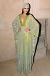 Itrh_Green Net Crystals, Stones V-neck Embellished Mint Kaftan Set _Online_at_Aza_Fashions