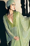 Buy_Itrh_Green Net Crystals, Stones V-neck Embellished Mint Kaftan Set _Online_at_Aza_Fashions