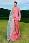 Buy_Charu And Vasundhara_Orange Crepe, Organza, Taffeta Embroidery Round Neck Floral Print Kurta Set  _at_Aza_Fashions