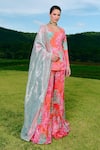 Charu And Vasundhara_Orange Crepe, Organza, Taffeta Embroidery Round Neck Floral Print Kurta Set  _Online_at_Aza_Fashions