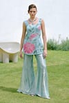 Buy_Charu And Vasundhara_Aqua Organza, Taffeta, Tissue Sequins, Applique Square Blue Kurta And Sharara Set _at_Aza_Fashions
