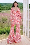 Buy_Charu And Vasundhara_Pink Crepe, Taffeta Embroidery Floral Blazer And Flared Pants _at_Aza_Fashions