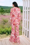 Shop_Charu And Vasundhara_Pink Crepe, Taffeta Embroidery Floral Blazer And Flared Pants _at_Aza_Fashions