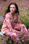 Charu And Vasundhara_Pink Crepe, Taffeta Embroidery Floral Blazer And Flared Pants _at_Aza_Fashions