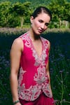 Charu And Vasundhara_Fuchsia Organza, Silk, Taffeta Embroidery Fuschia Paisley Jacket And Skirt Set _Online_at_Aza_Fashions