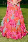 Charu And Vasundhara_Orange Organza, Taffeta Embroidery Round Neck, Square Floral Cape And Lehenga Set _Online_at_Aza_Fashions